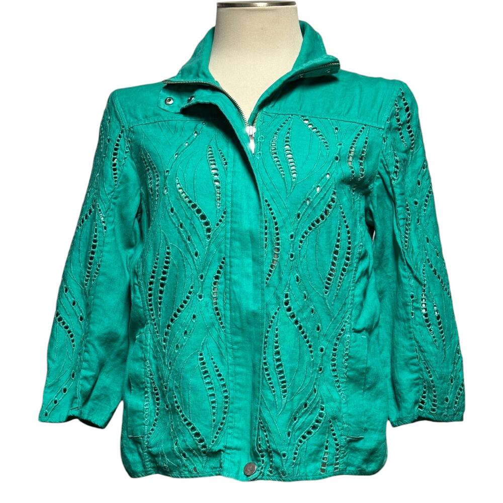 Chico's Linen 3/4 Sleeve Full Zip Pointelle Embroidered Jacket Green 0 / XS